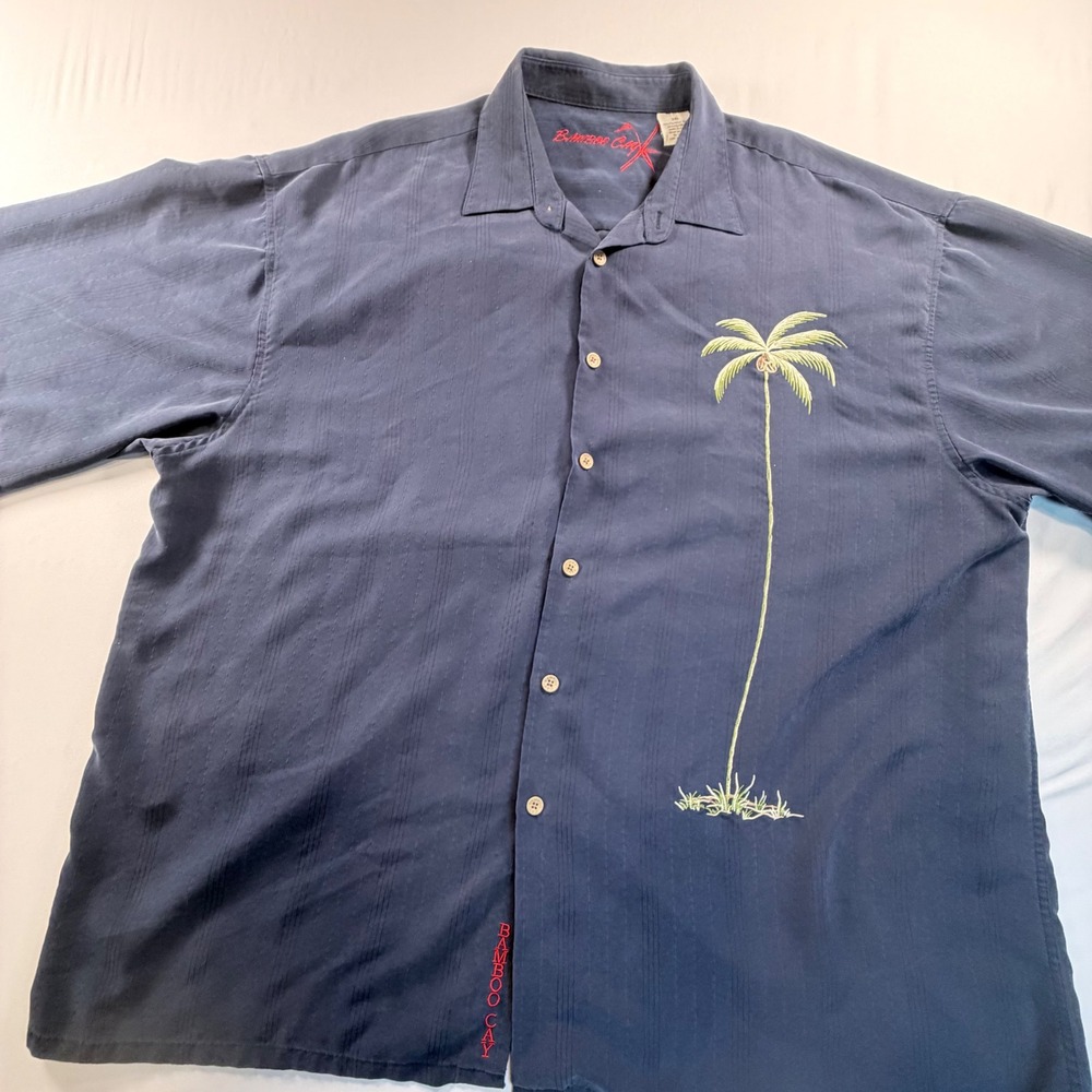Bamboo Cay Camp Shirt Mens 3XL Blue Palm Tree Embroidered Hawaiian Silk Feel